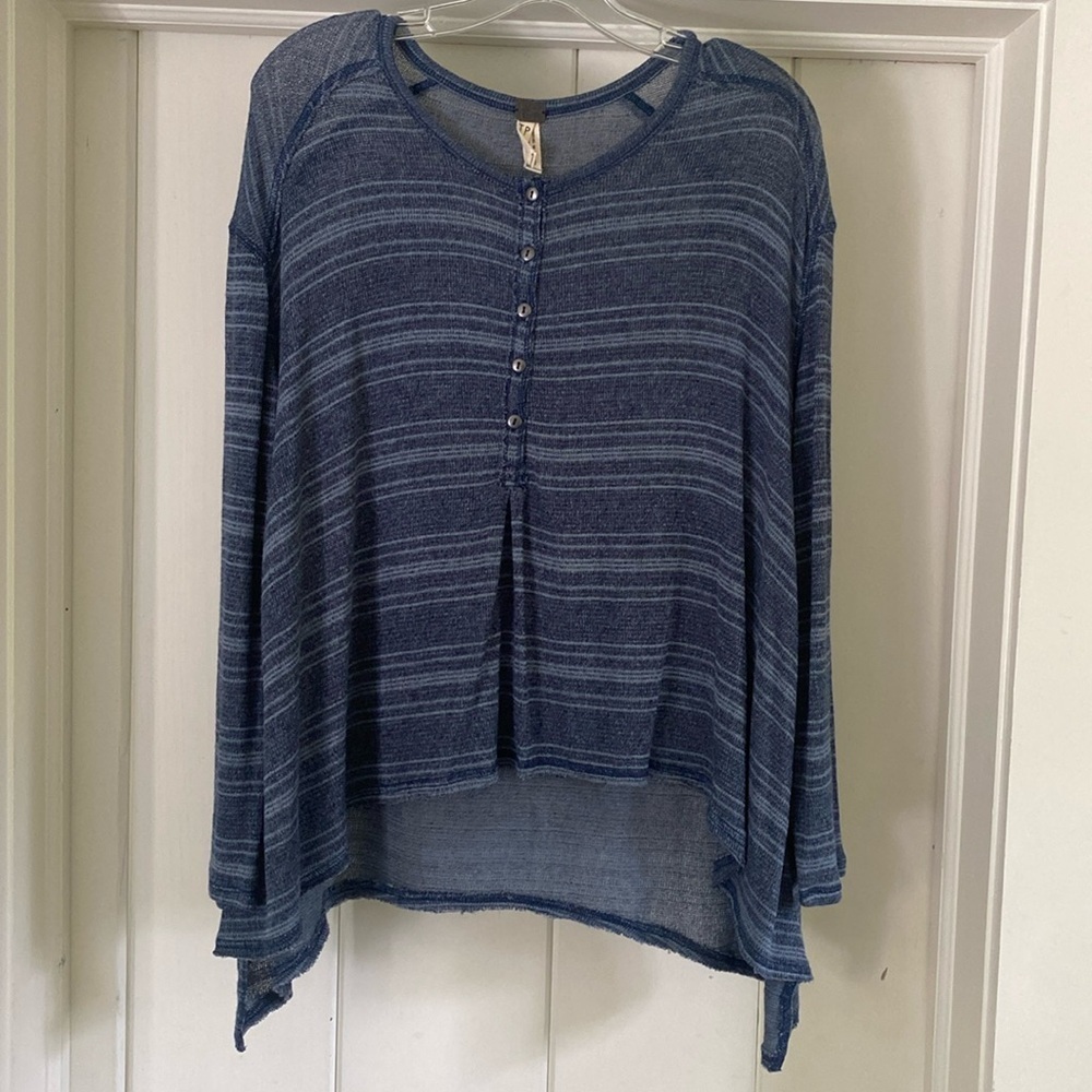 Free People We The Free Slinky Hacci Henley Blue Striped Button Top Knit Sweater - Picture 3 of 7